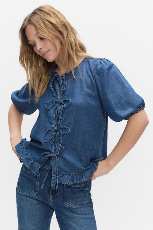 Dobber Tanya Denim Blouse Blusar Mid Blue Wash Dam XS MQ Marqet