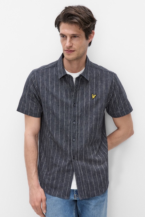 Lyle & Scott randig kortärmad skjorta i bomull, Dark Navy